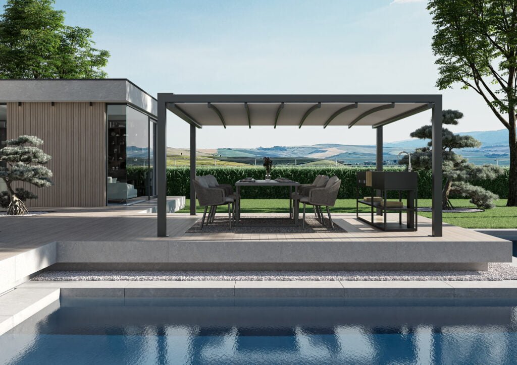 Scopri di più sull'articolo KEPLAN l’innovativa pergola in alluminio a tetto piano e telo ad impacchettamento