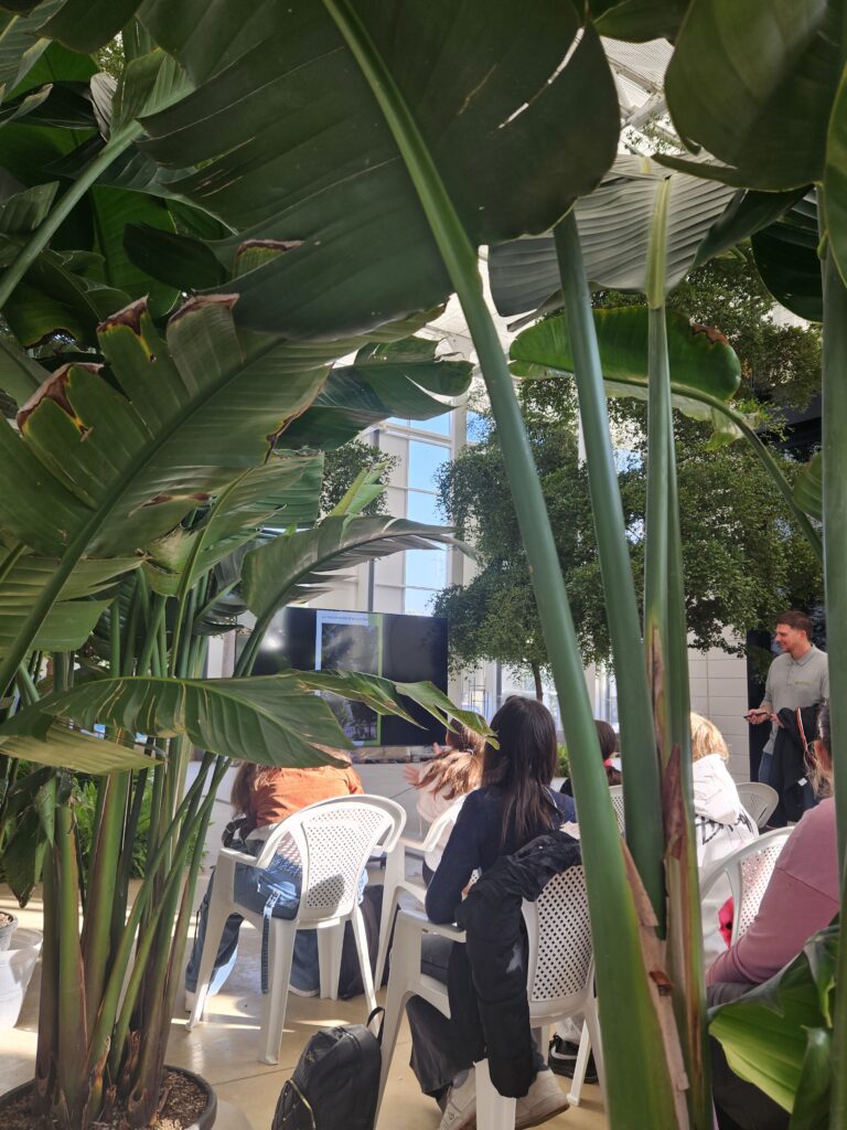 Serra con piante in idrocultura e ragazzi che osservano